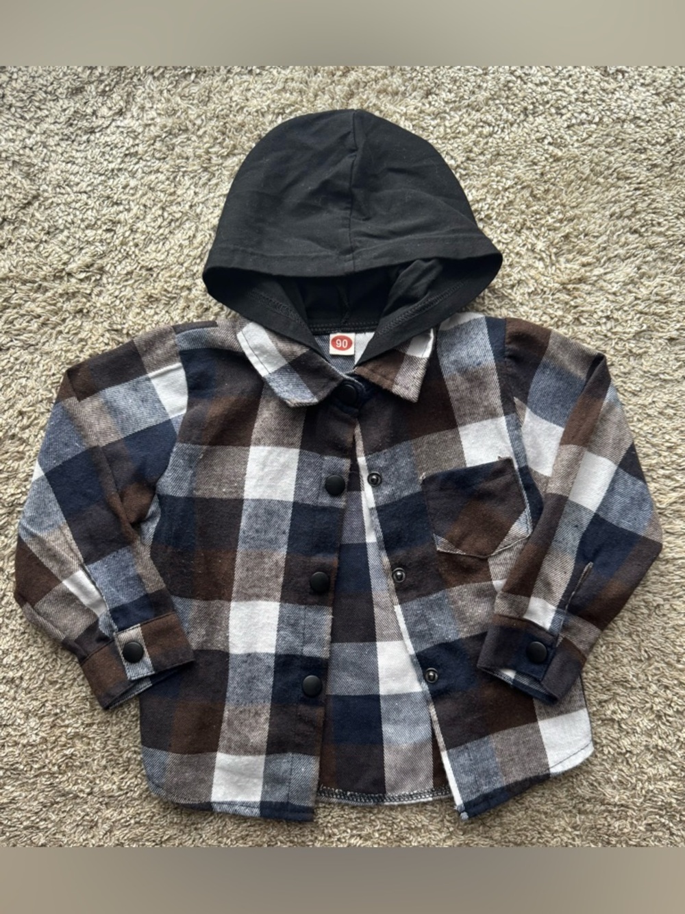 12-18M Brown Black Plaid Hooded Flannel Button Snap Shirt Jacket Toddler